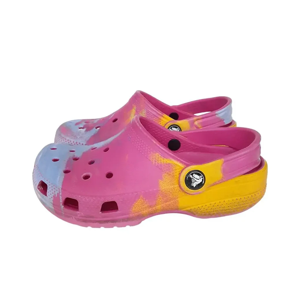 Crocs Clogs Juniors 1 Pink Tie Dye Swirl Water Shoes Summer Slip On Comfort